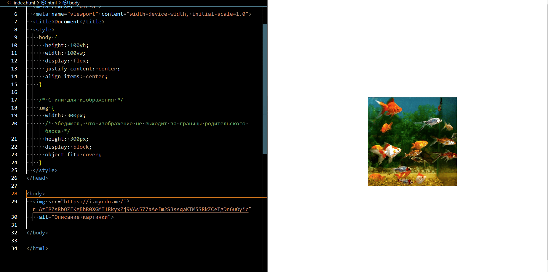 Фрагмент кода CSS для выравнивания картинки по центру