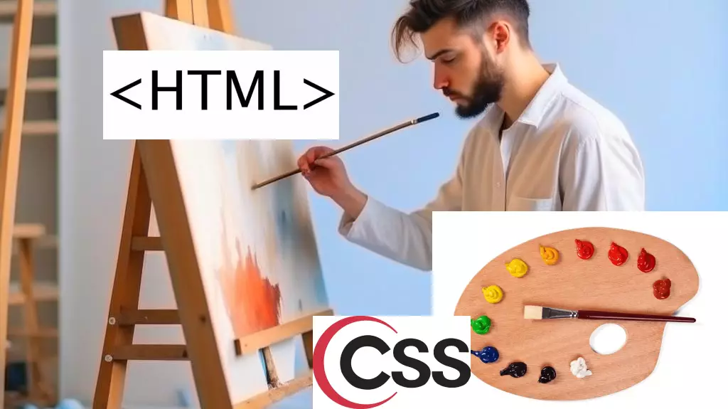 Художник перед пустым холстом с палитрой красок, символизирующий процесс объединения HTML и CSS